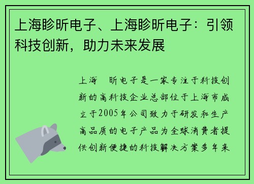 上海眕昕电子、上海眕昕电子：引领科技创新，助力未来发展